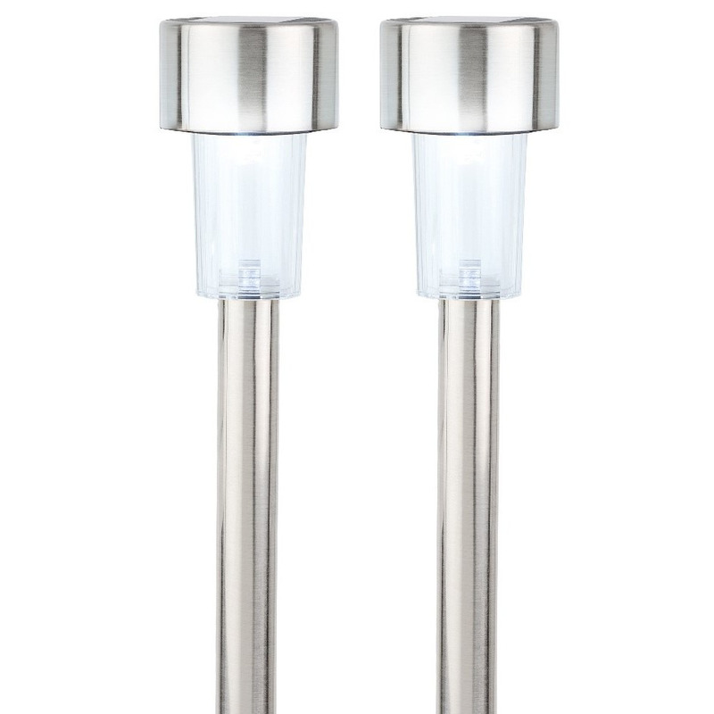 2x Buiten/tuin LED zilveren stekers solar verlichtingen 36 cm RVS koud wit -