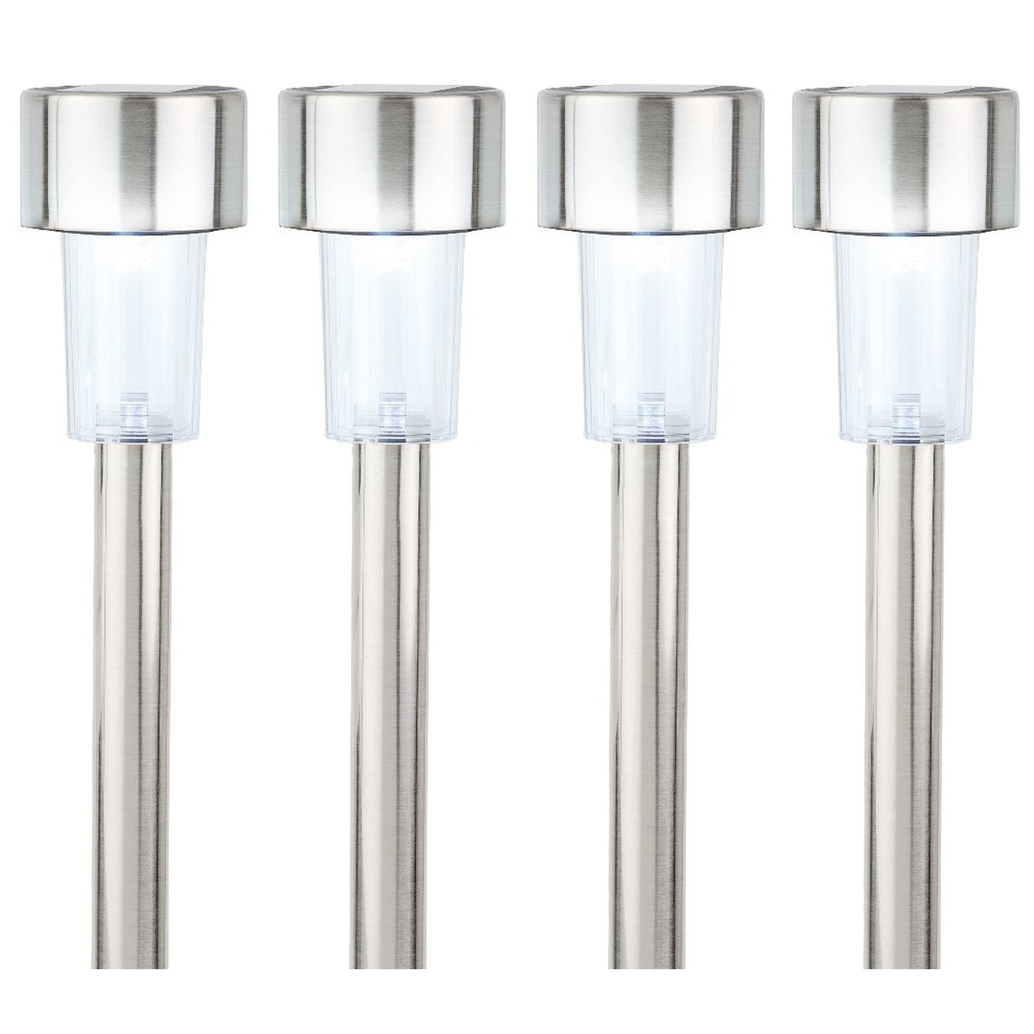 4x Buiten/tuin LED zilveren stekers solar verlichtingen 36 cm RVS koud wit -
