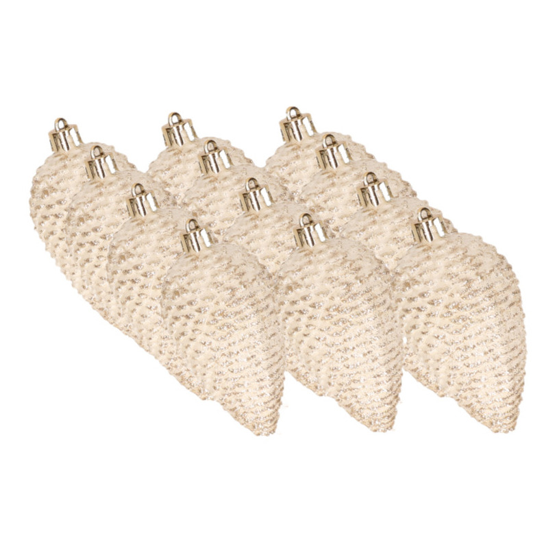 12x Creme witte glitter dennenappels 8 cm kerstboomversiering -