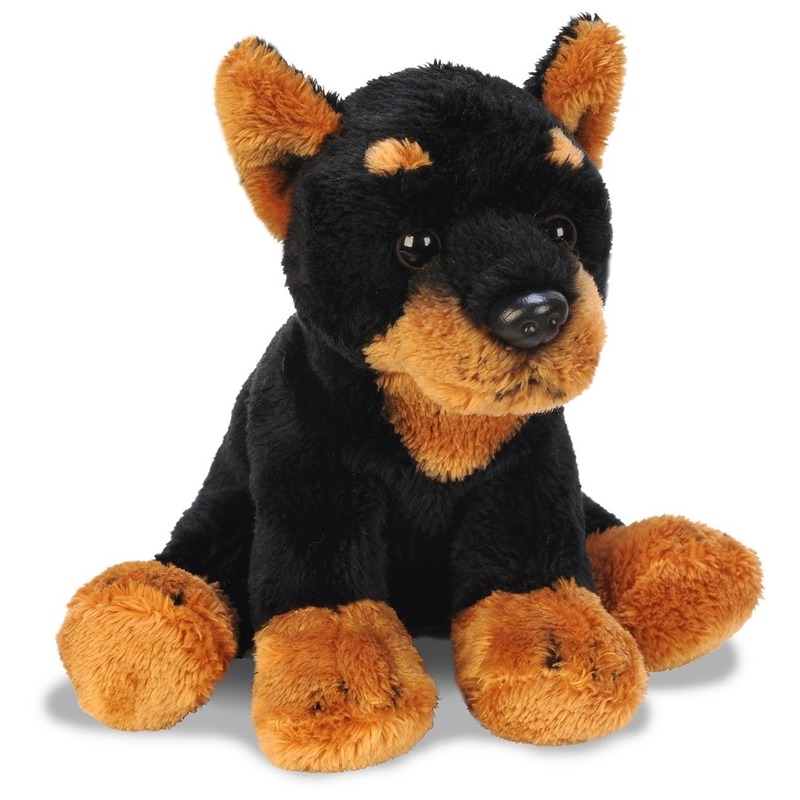 Suki Gifts pluche honden knuffel Doberman - 13 cm - zwart/bruin - speelgoed - kinderen - cadeau -
