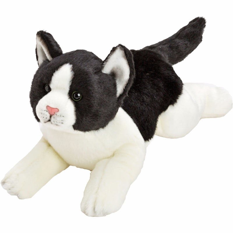 Pluche poes/kat knuffeldier - liggend - zwart/wit - 33 cm - katten knuffels -