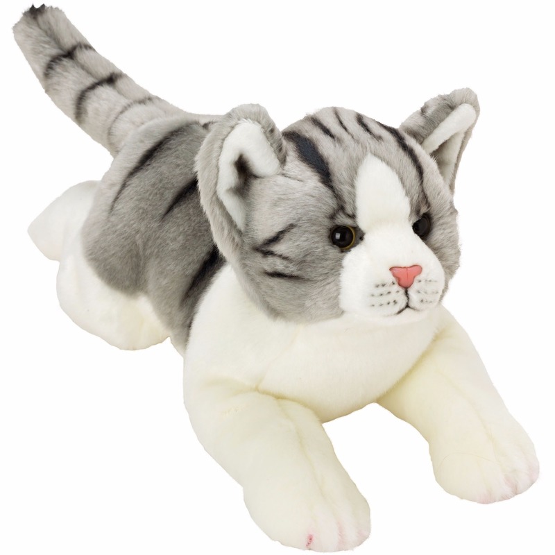 Pluche poes/kat knuffel liggend grijs/wit 33 cm -
