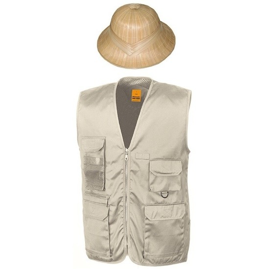 Safari/jungle verkleedset vest en hoed beige voor volwassenen -