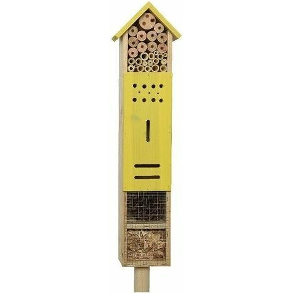 Insectenhotel huisje op paal/steker - geel - 118 cm -