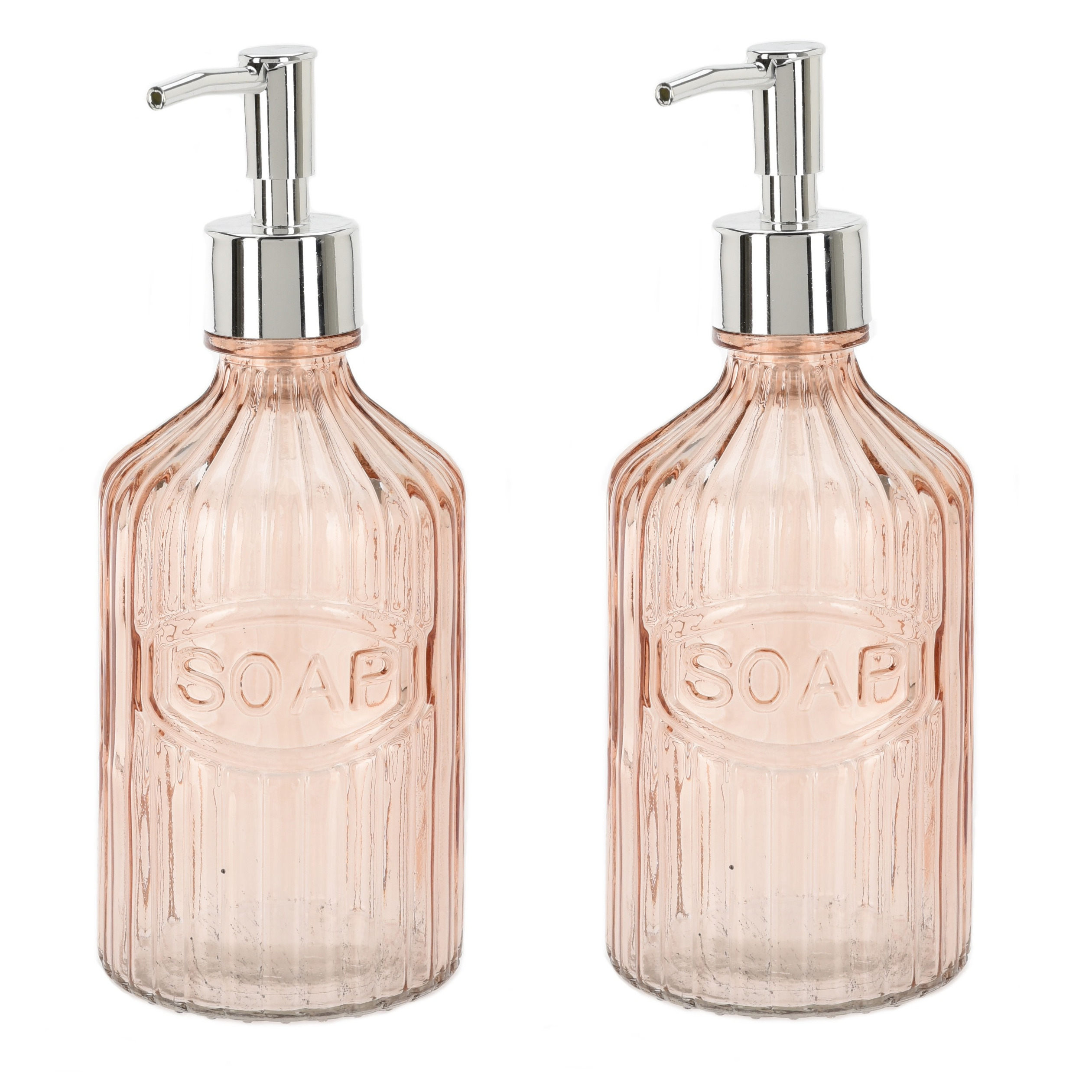 2x Oudroze zeeppompjes van glas 21 cm -