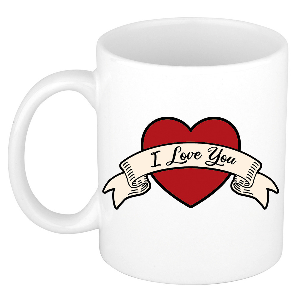 I love you cadeau mok / beker wit met hartje en banner 300 ml -
