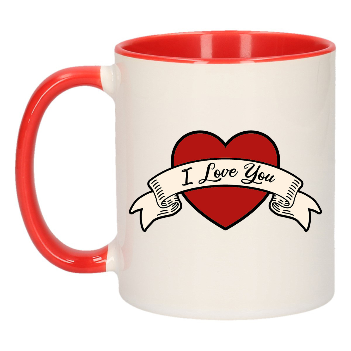 I love you cadeau mok / beker in de kleur wit / rood met hartje en banner 300 ml -