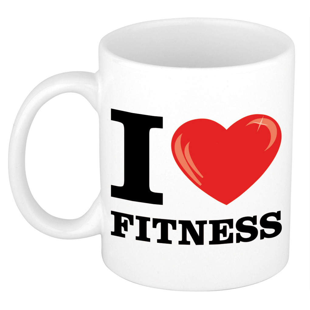 I Love Fitness cadeau mok / beker wit met hartje 300 ml -