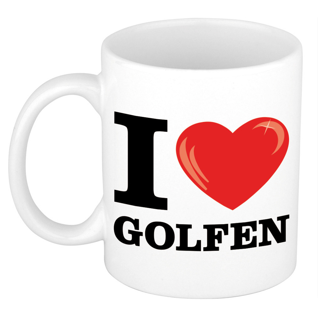 I Love Golfen cadeau mok / beker wit met hartje 300 ml -