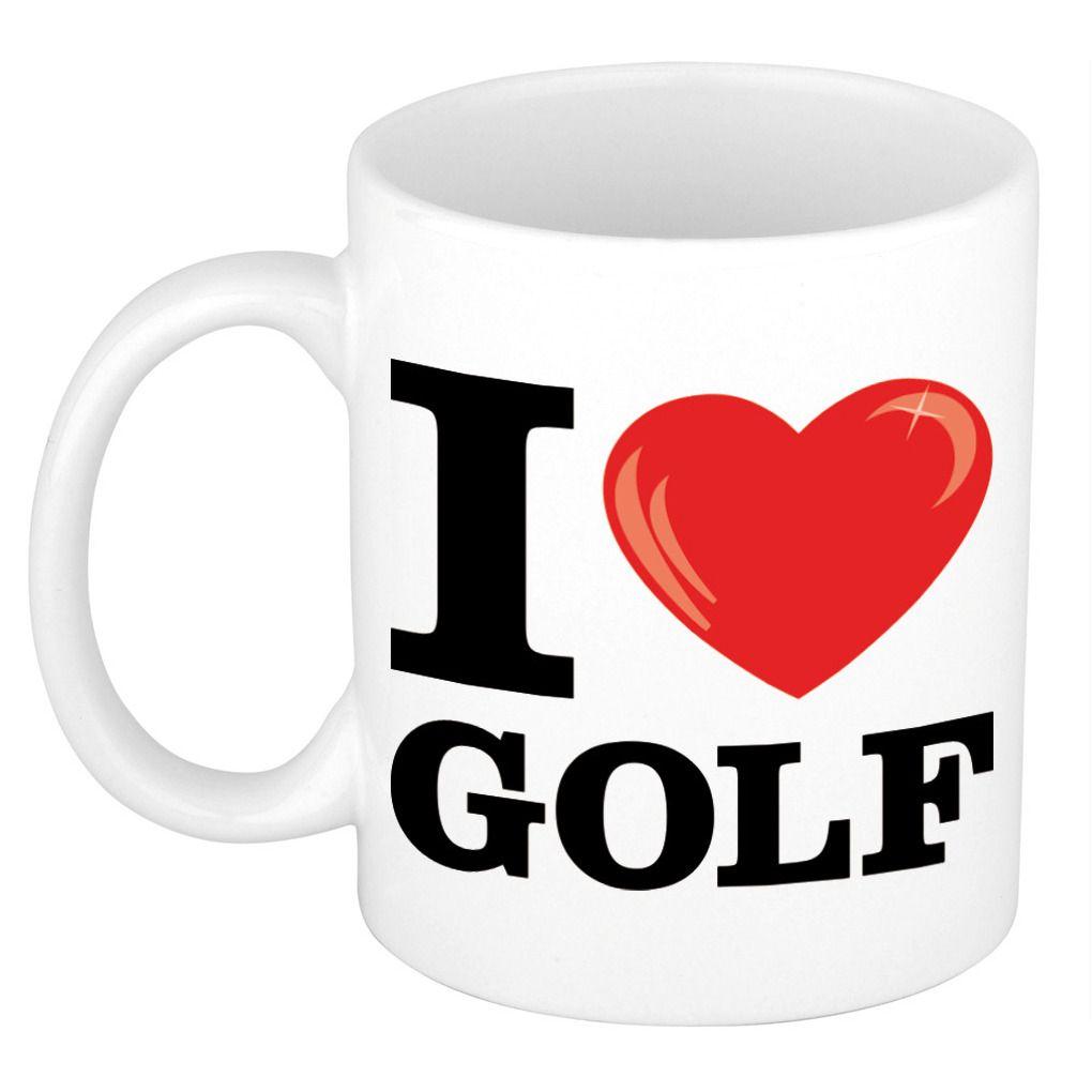 I Love Golf cadeau mok / beker wit met hartje 300 ml -