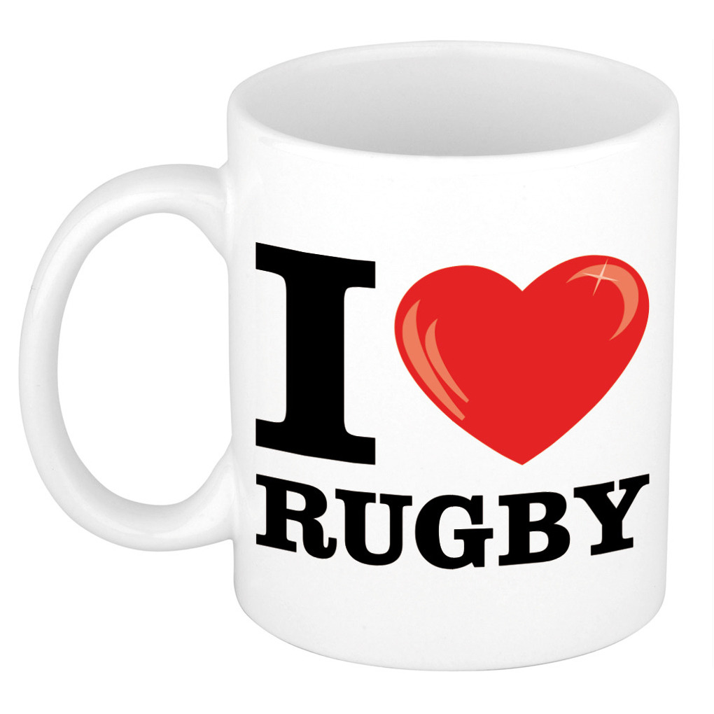 I Love Rugby cadeau mok / beker wit met hartje 300 ml -