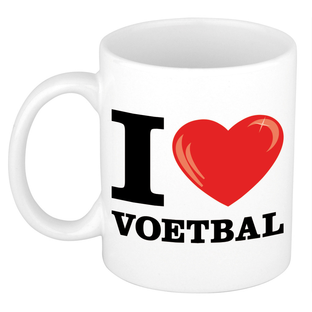 I Love voetbal cadeau mok / beker wit met hartje 300 ml -