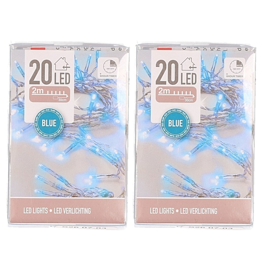 2x Blauwe lichtsnoeren clusterverlichting op batterijen 200 cm -