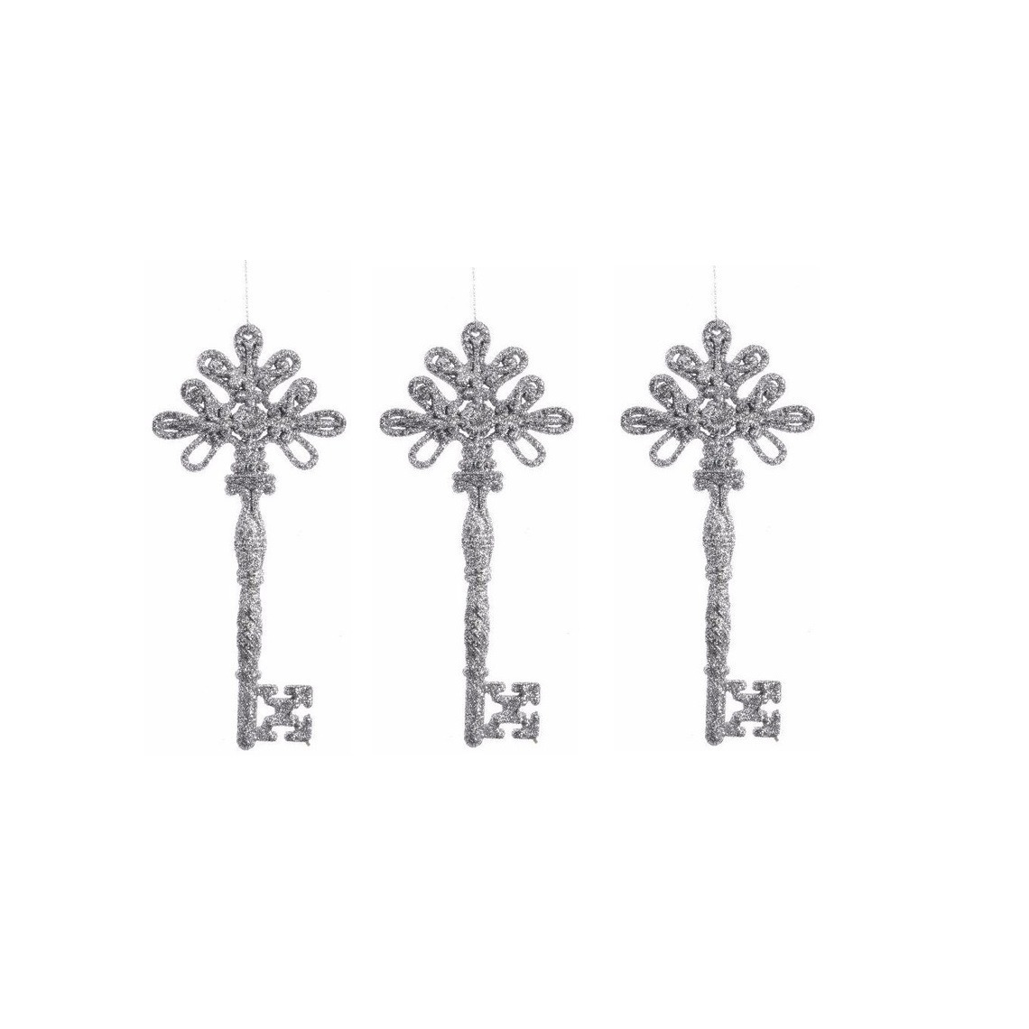 6x Stuks kerstboom decoratie sleutels zilver 17 cm met glitters -