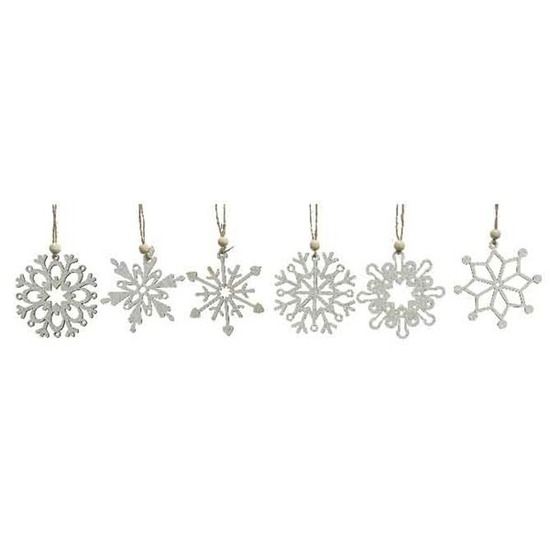 6x Houten sneeuwvlok kersthangers wit 6 cm -