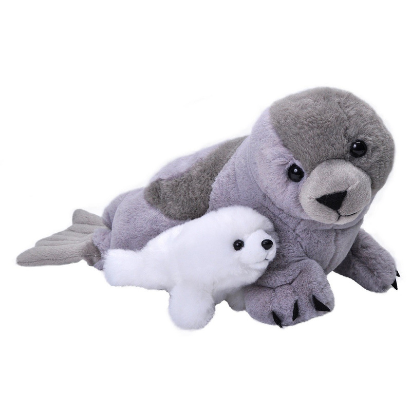 Wild Republic pluche grijze zeehond met jong knuffel - 38 cm - Zeedieren knuffels -