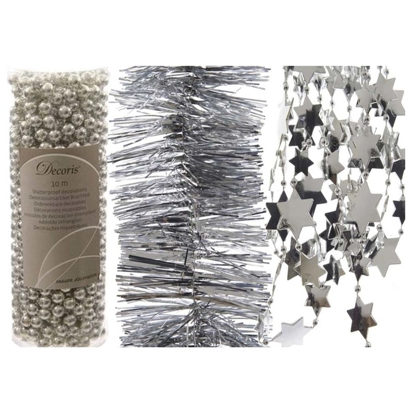 Kerstboomversiering slingers set 3x zilveren Kerstslingers -