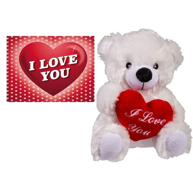 Valentijnsdag cadeau wit beertje met hartje en valentijnskaart -