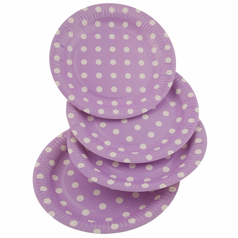 Feest bordjes - lila paars met witte stippen - 24x stuks - 23 cm - karton - feestbordjes -