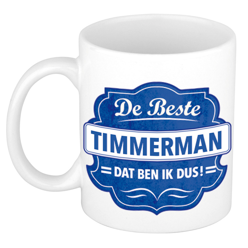 De beste timmerman dat ben ik cadeau mok / beker wit met blauw embleem 300 ml -