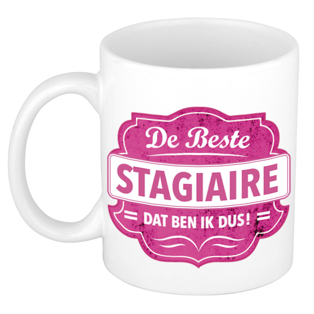 De beste stagiaire dat ben ik cadeau mok / beker wit met roze embleem 300 ml -