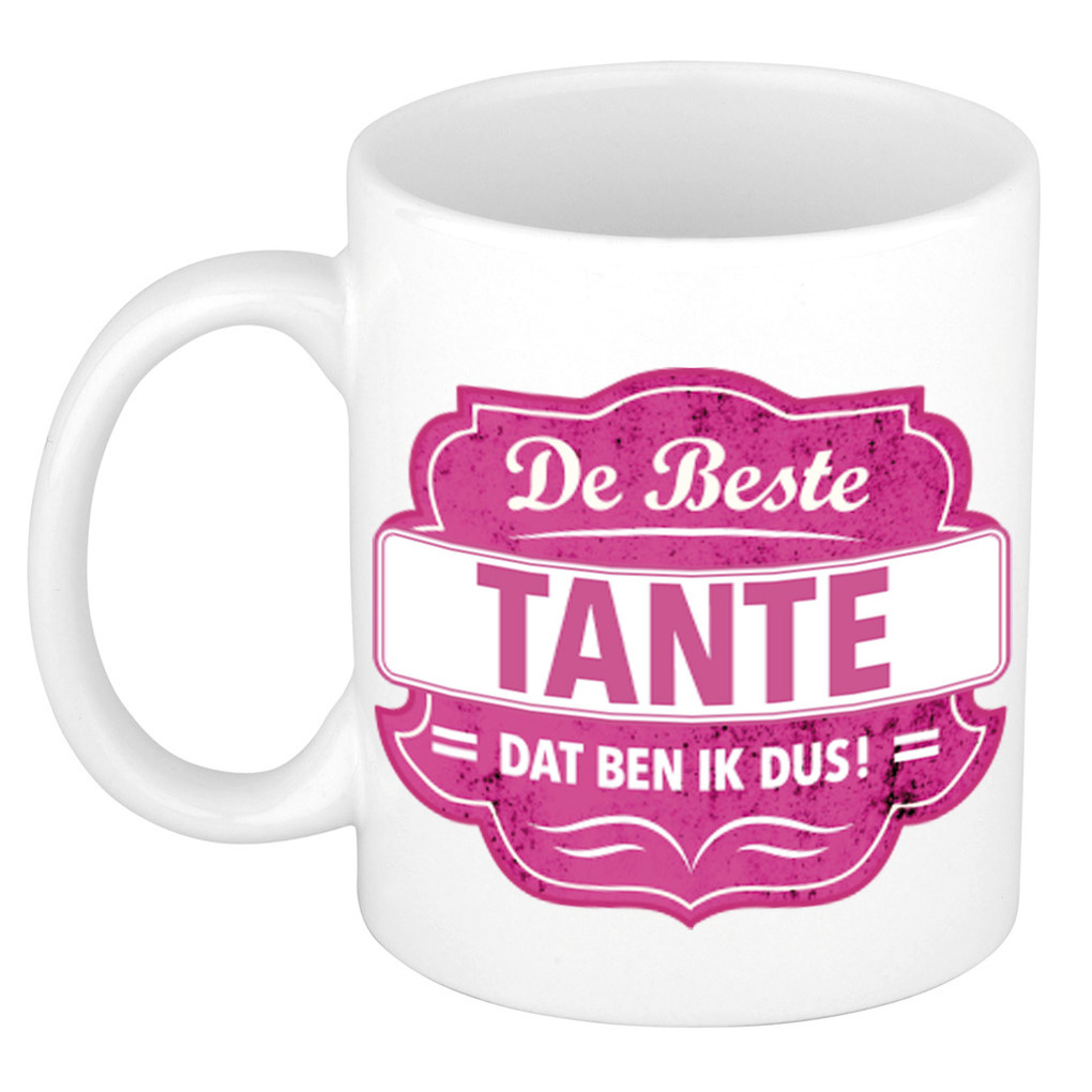 De beste tante dat ben ik cadeau mok / beker wit met roze embleem 300 ml -