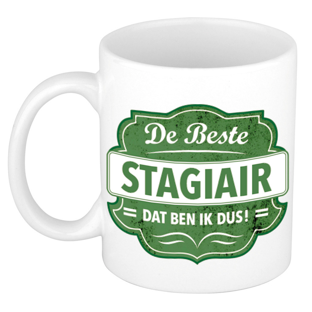 De beste stagiair dat ben ik cadeau mok / beker wit met groen embleem 300 ml -