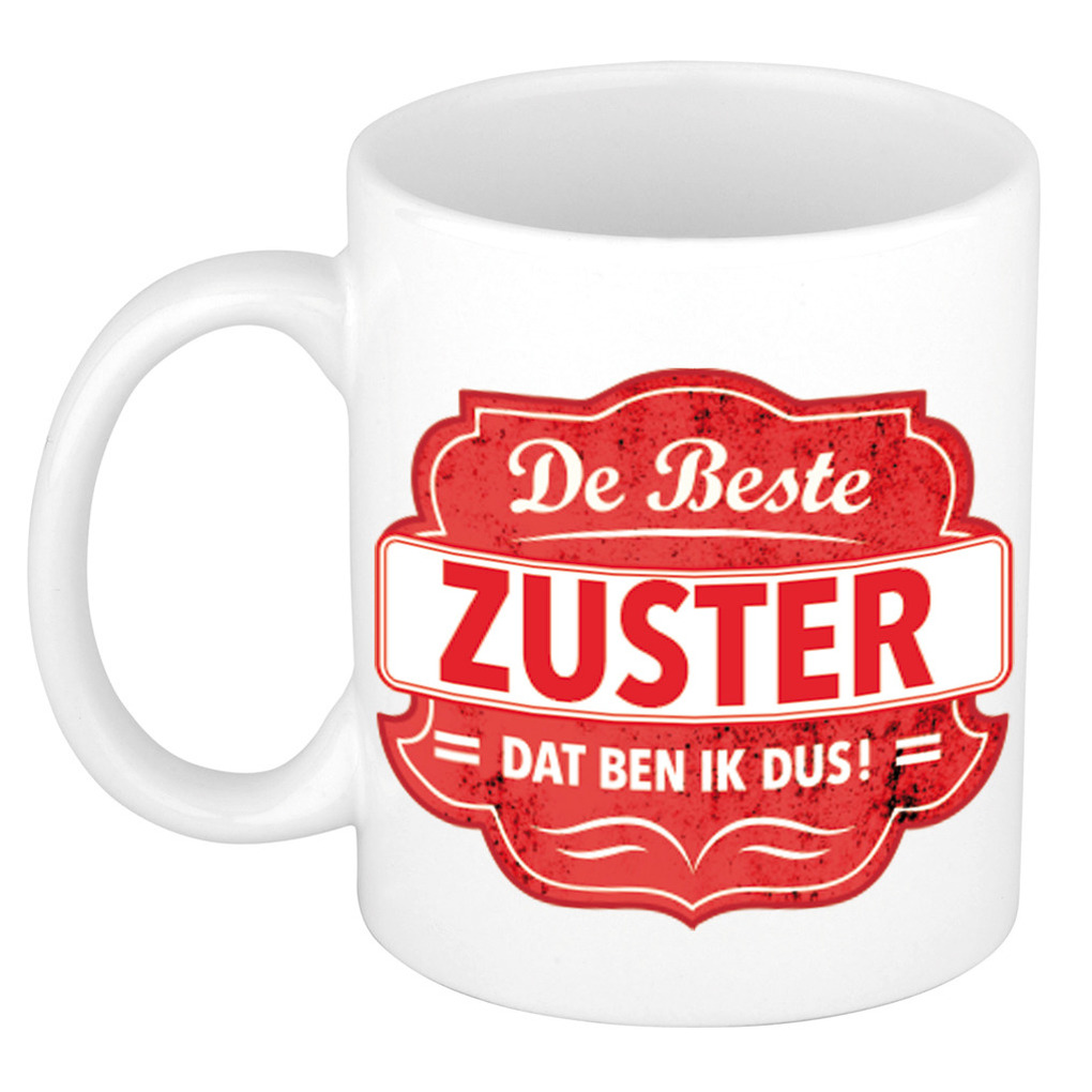 De beste zuster dat ben ik cadeau mok / beker wit met rood embleem 300 ml -