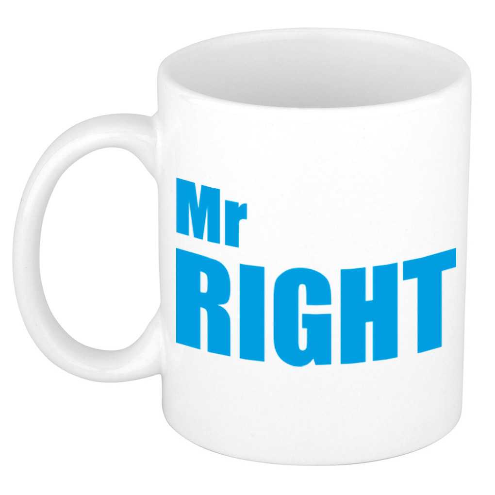 Mr right cadeau mok / beker wit met blauwe letters 300 ml -