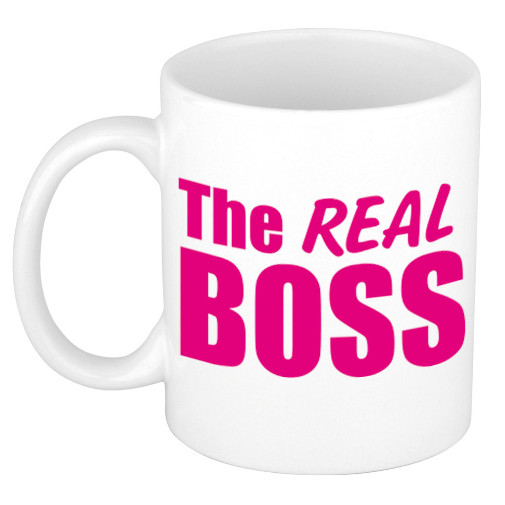 The real boss cadeau mok / beker wit met roze letters 300 ml -
