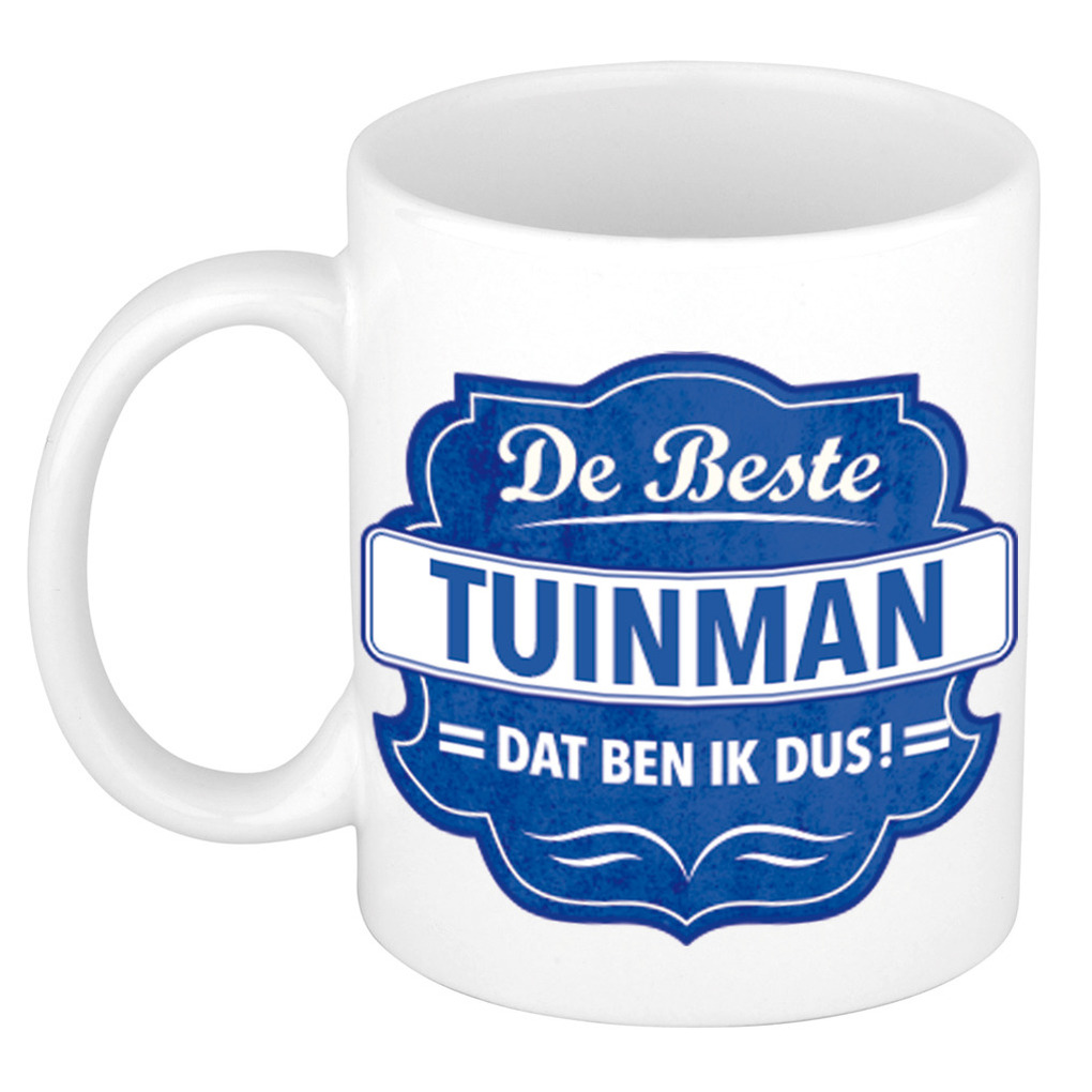 De beste tuinman dat ben ik cadeau mok / beker wit met blauw embleem 300 ml -