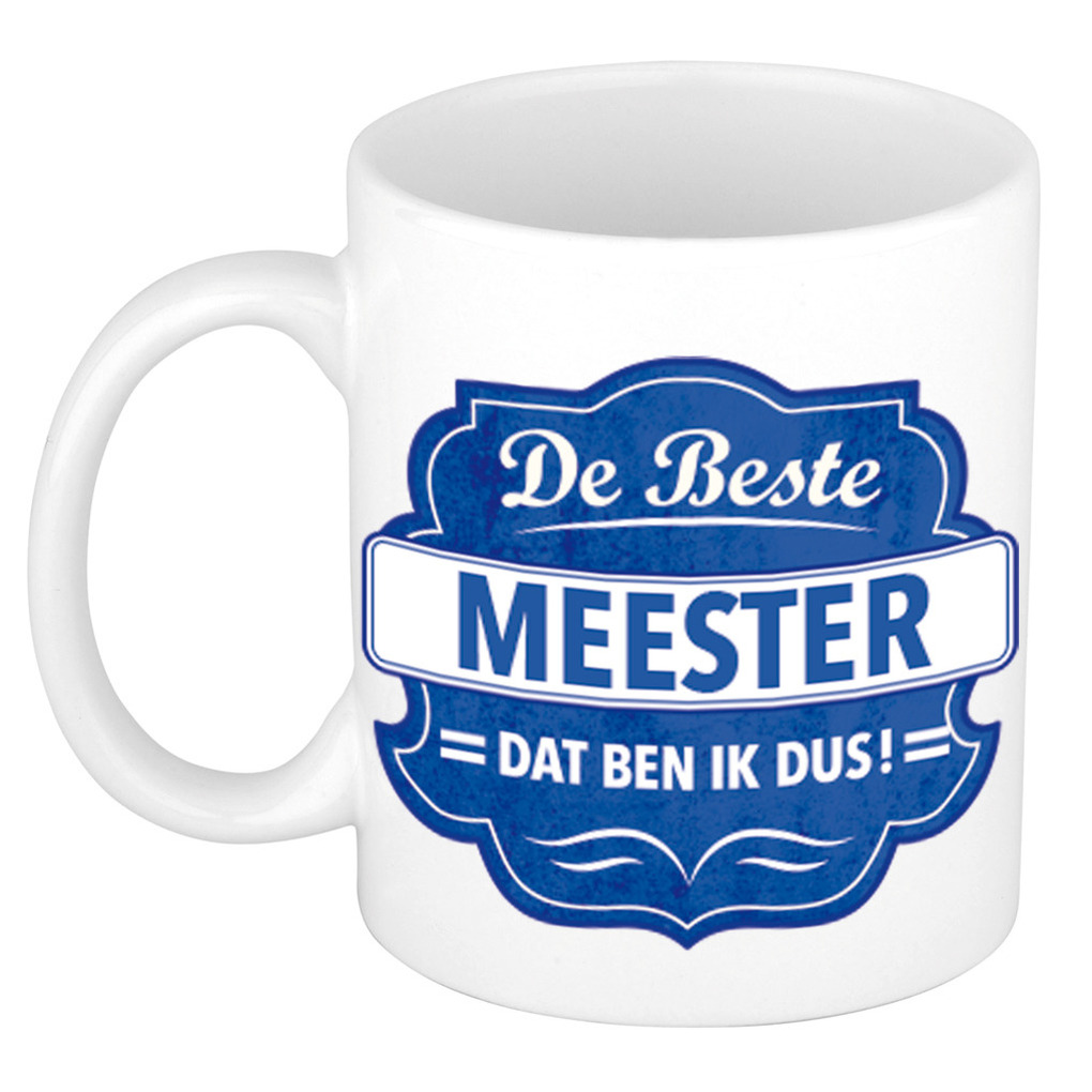De beste meester dat ben ik cadeau mok / beker wit met blauw embleem 300 ml -