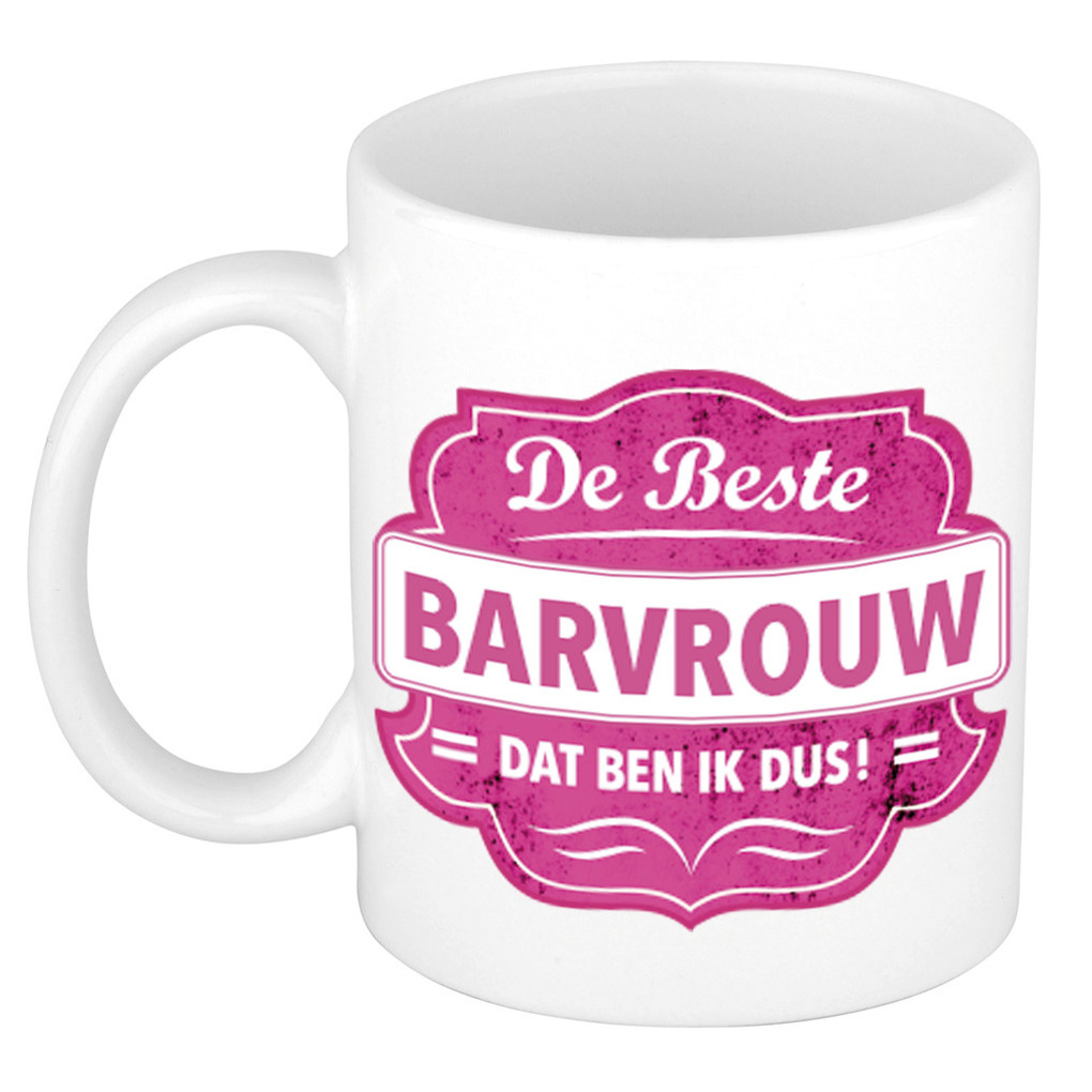 De beste barvrouw dat ben ik cadeau mok / beker wit met roze embleem 300 ml -