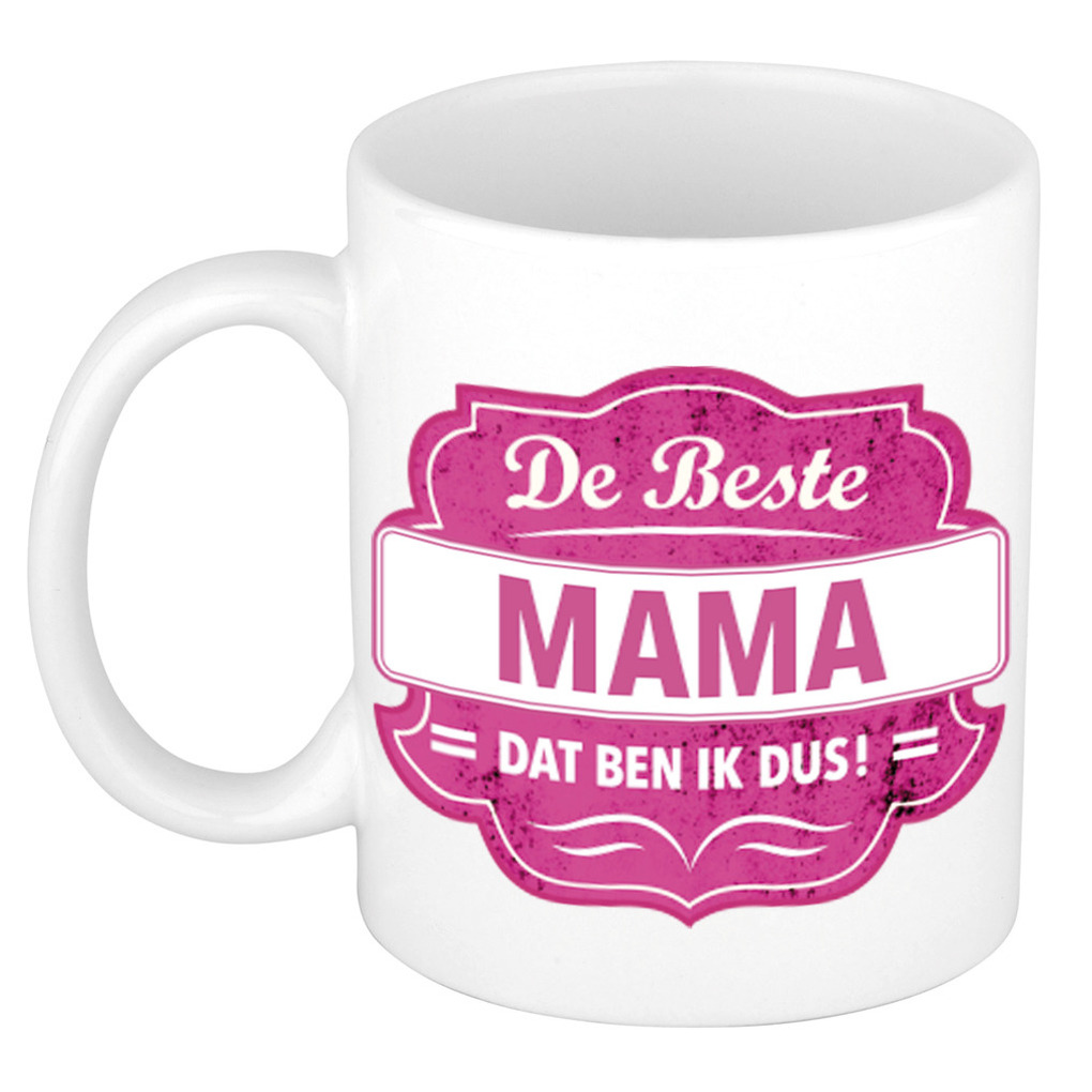 De beste mama dat ben ik cadeau mok / beker wit met roze embleem 300 ml -