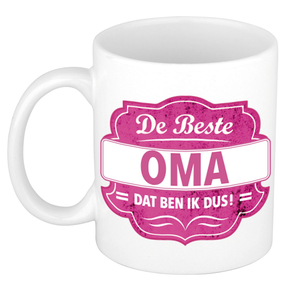 De beste oma dat ben ik cadeau mok / beker wit met roze embleem 300 ml -