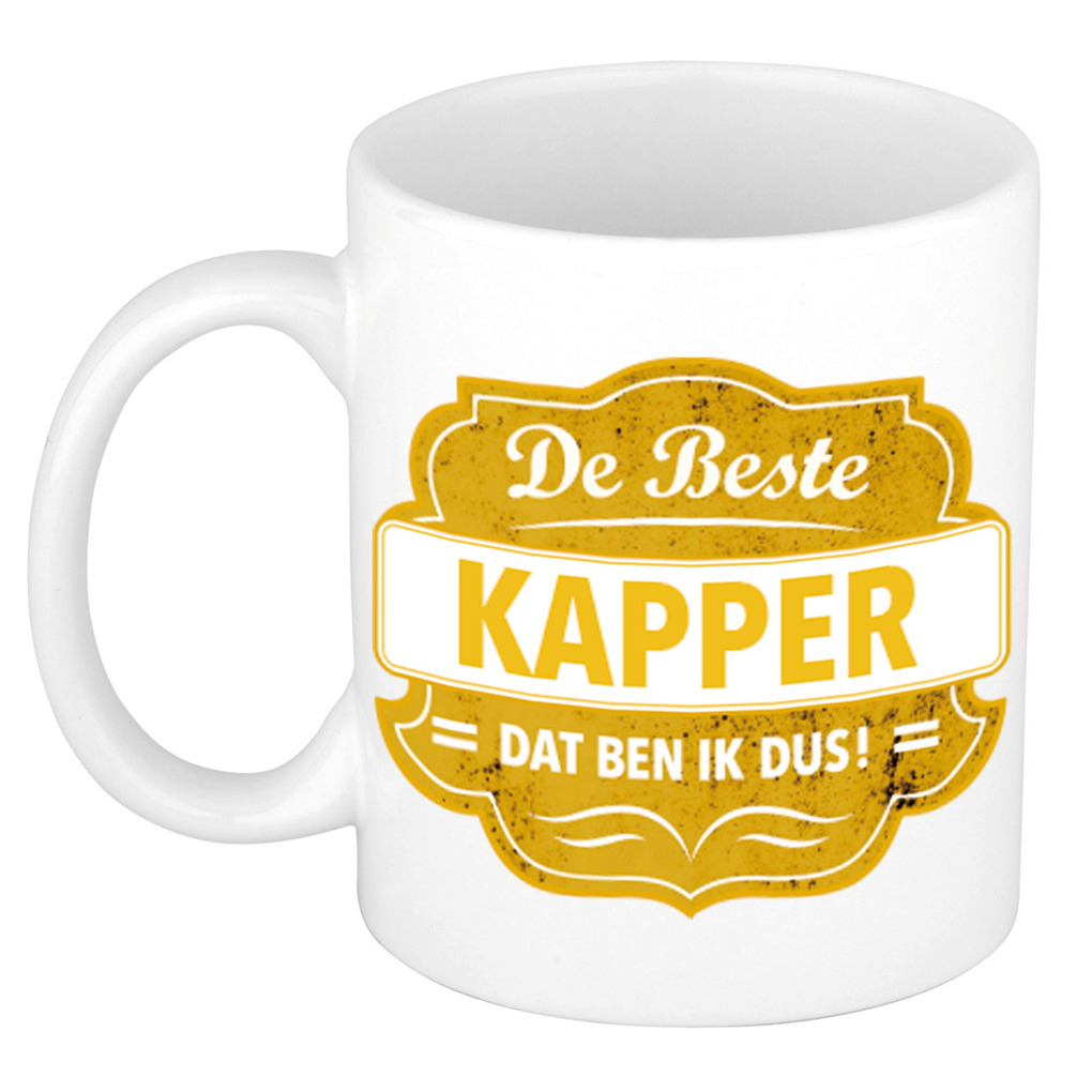 De beste kapper dat ben ik cadeau mok / beker wit met geel embleem 300 ml -