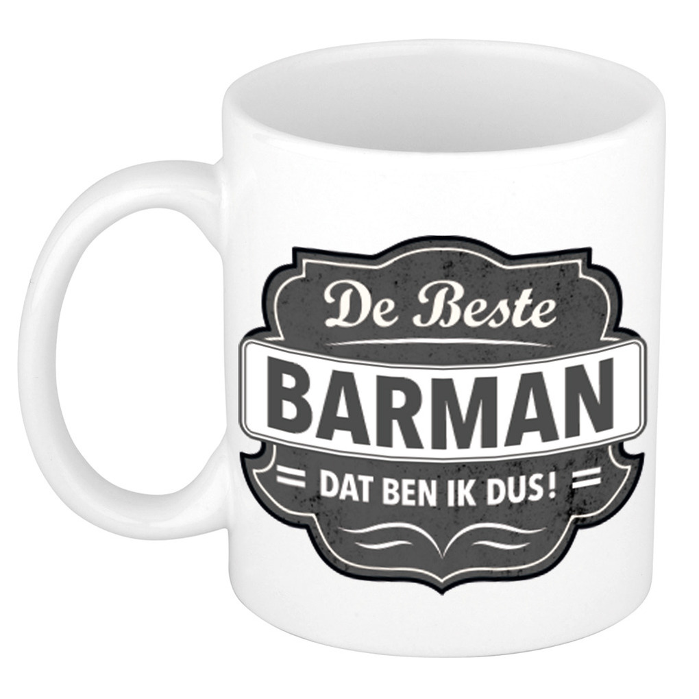 De beste barman dat ben ik cadeau mok / beker wit met grijs embleem 300 ml -