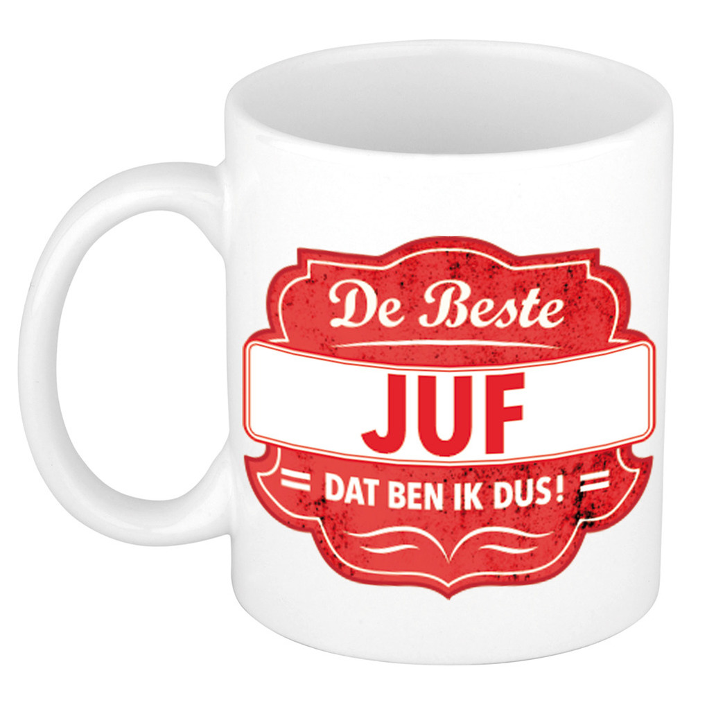 De beste juf dat ben ik cadeau mok / beker wit met rood embleem 300 ml -