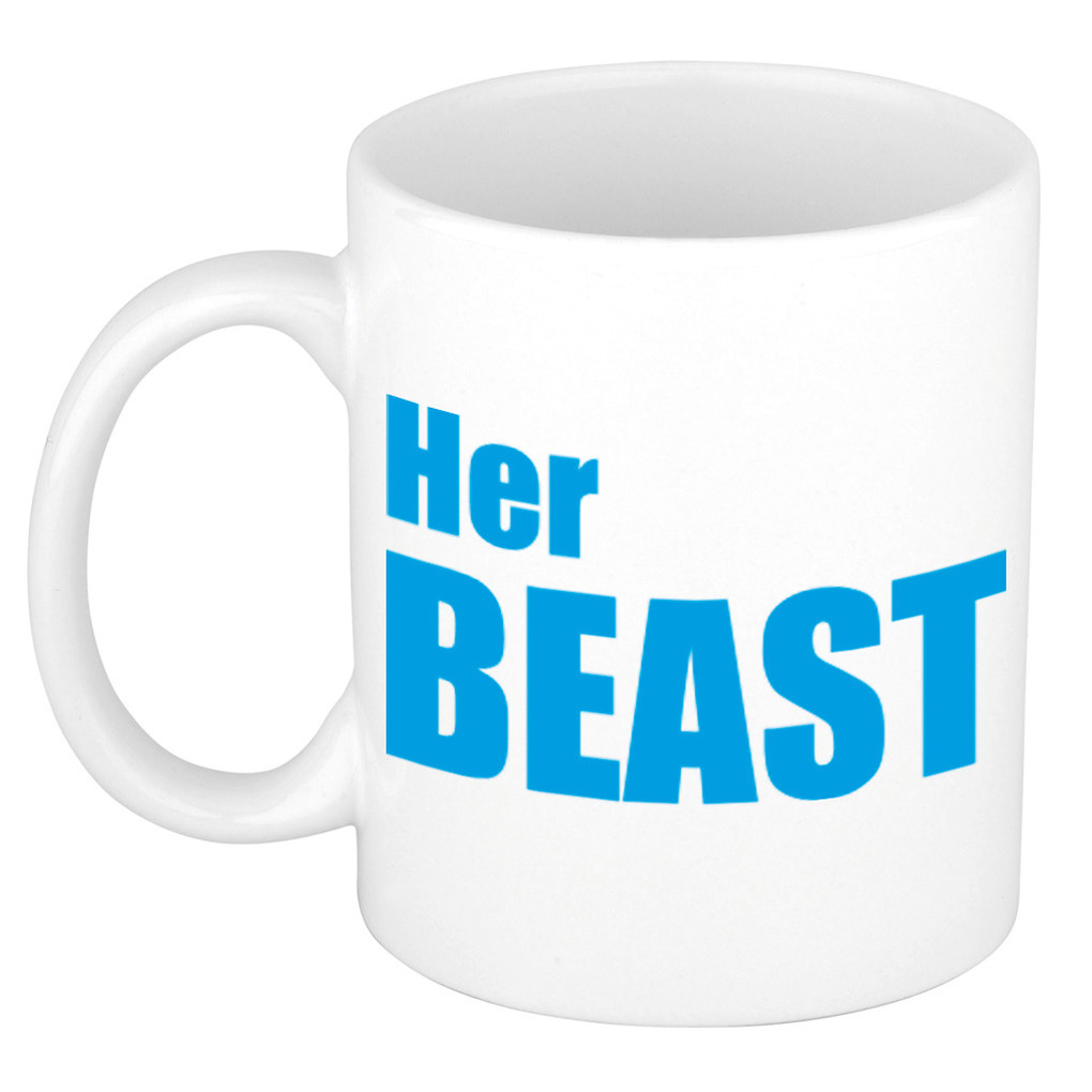 Her beast cadeau mok / beker wit met blauwe letters 300 ml -