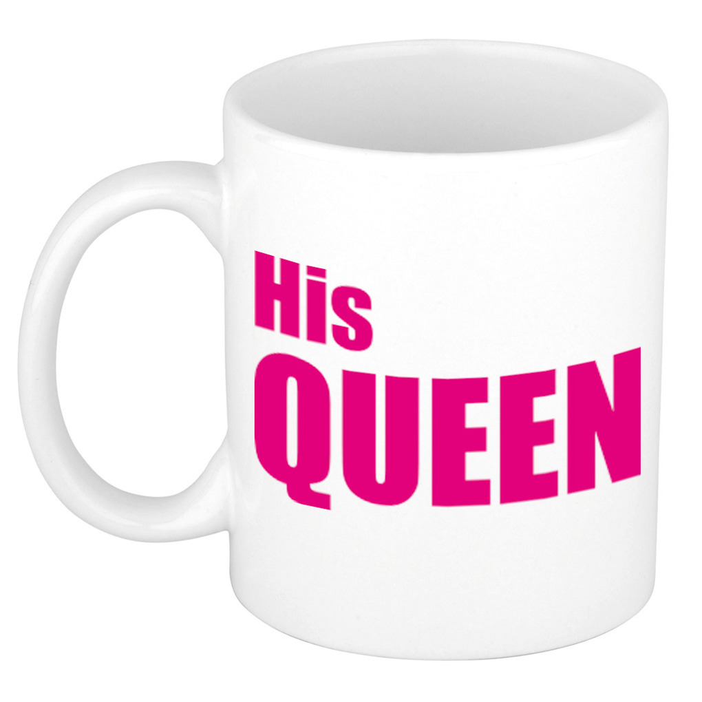 His queen cadeau mok / beker wit met roze letters 300 ml -