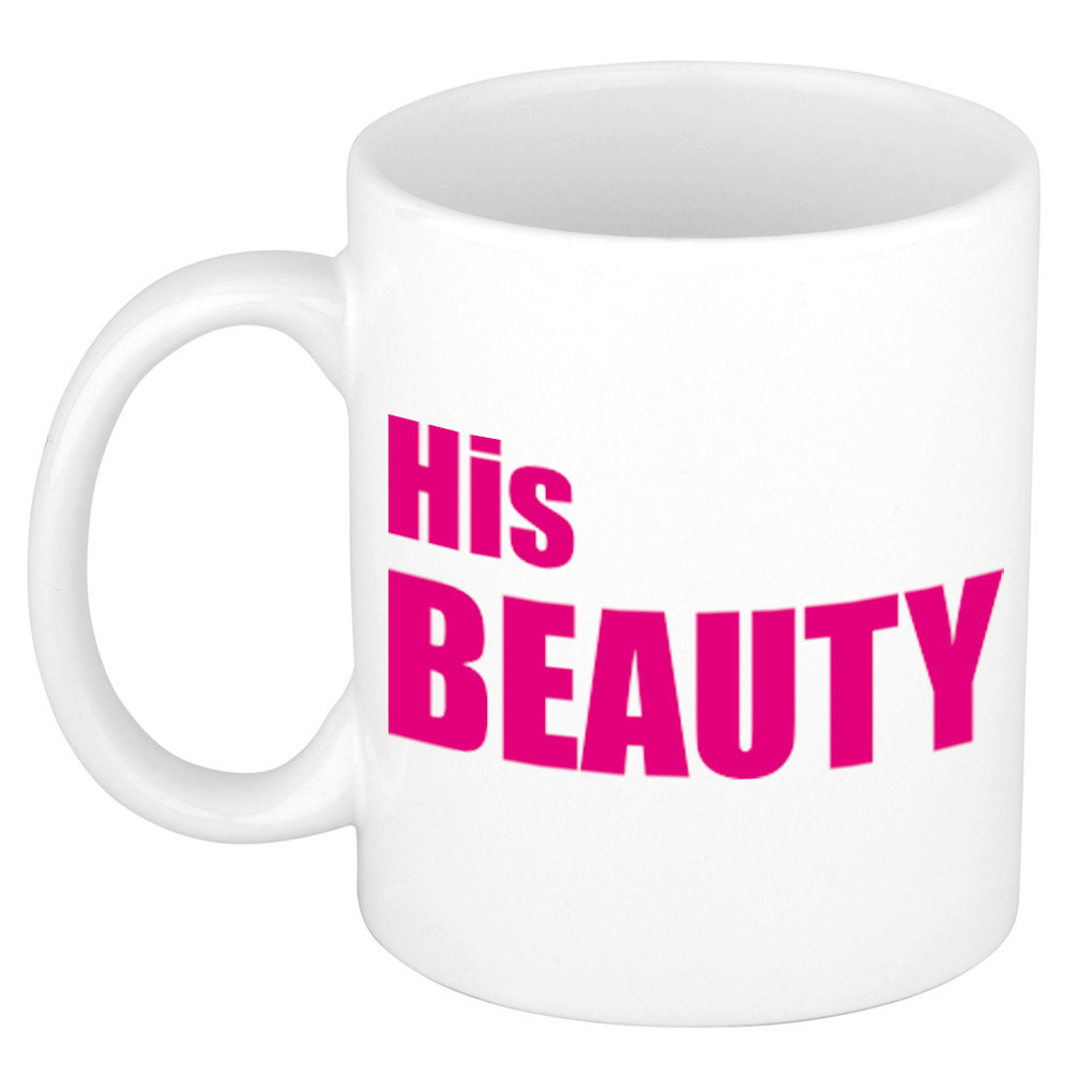 His beauty cadeau mok / beker wit met roze letters 300 ml -