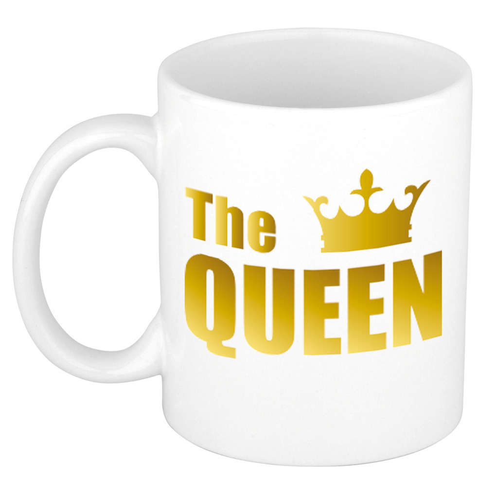 The queen cadeau mok / beker wit met gouden kroon en letters 300 ml -