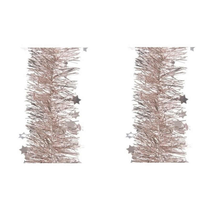 2x stuks lichtroze sterren kerstslingers 10 cm breed x 270 cm versiering -