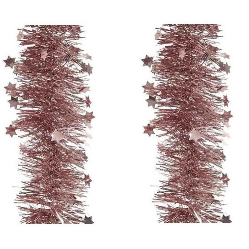 2x stuks oud roze sterren kerstslingers 10 cm breed x 270 cm versiering -