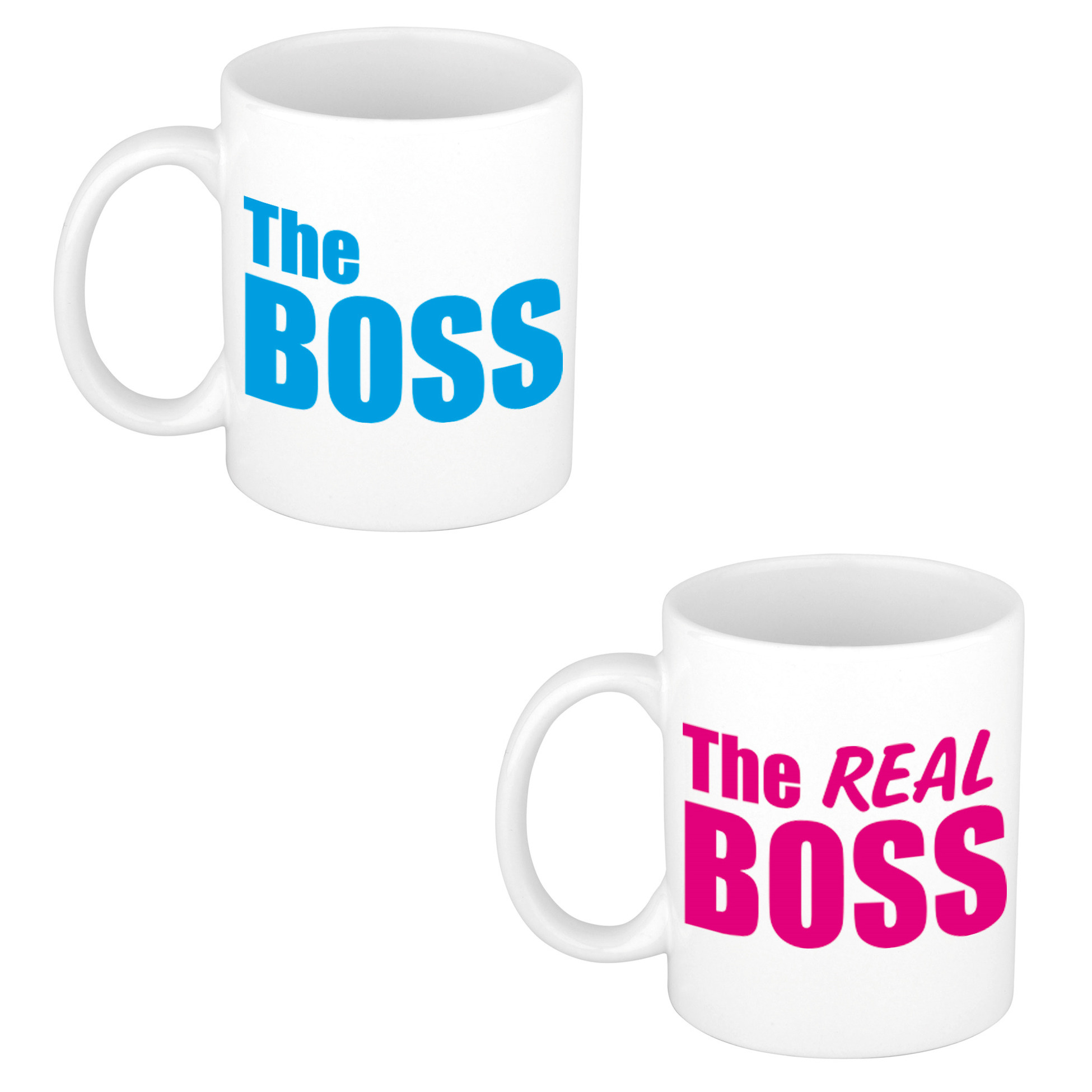 The real boss en the boss cadeau mok / beker wit met roze en blauwe letters 300 ml -