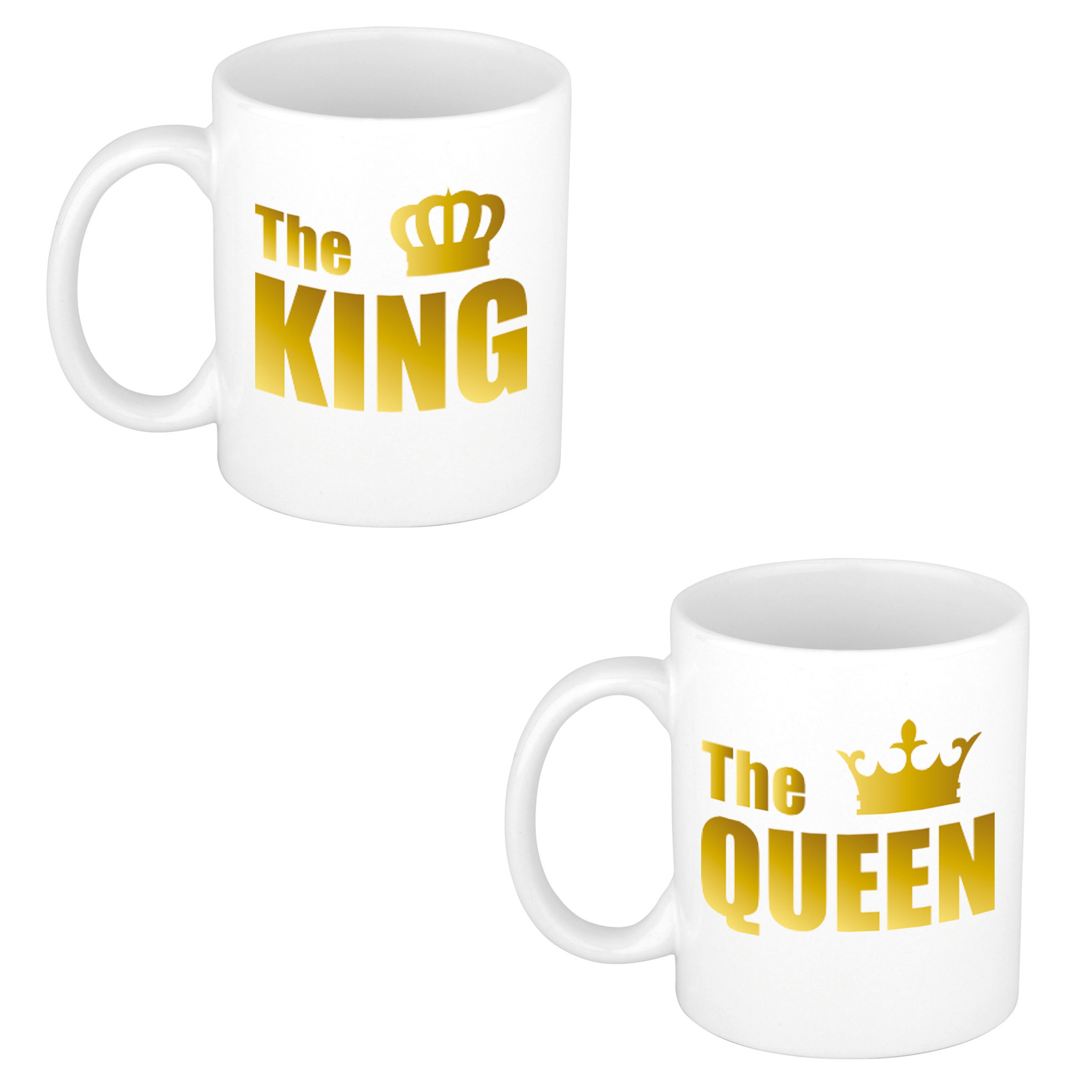The queen en the king cadeau mok / beker wit met gouden kroon en letters 300 ml -