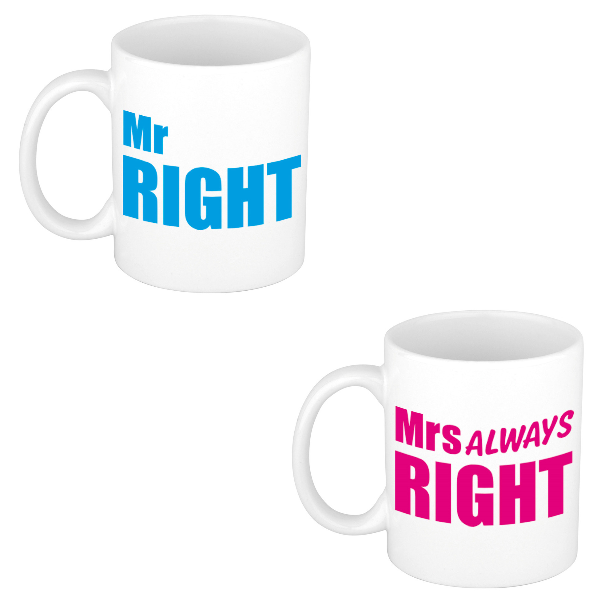 Mr right en mrs always right cadeau mok / beker wit met blauwe en roze letters 300 ml -