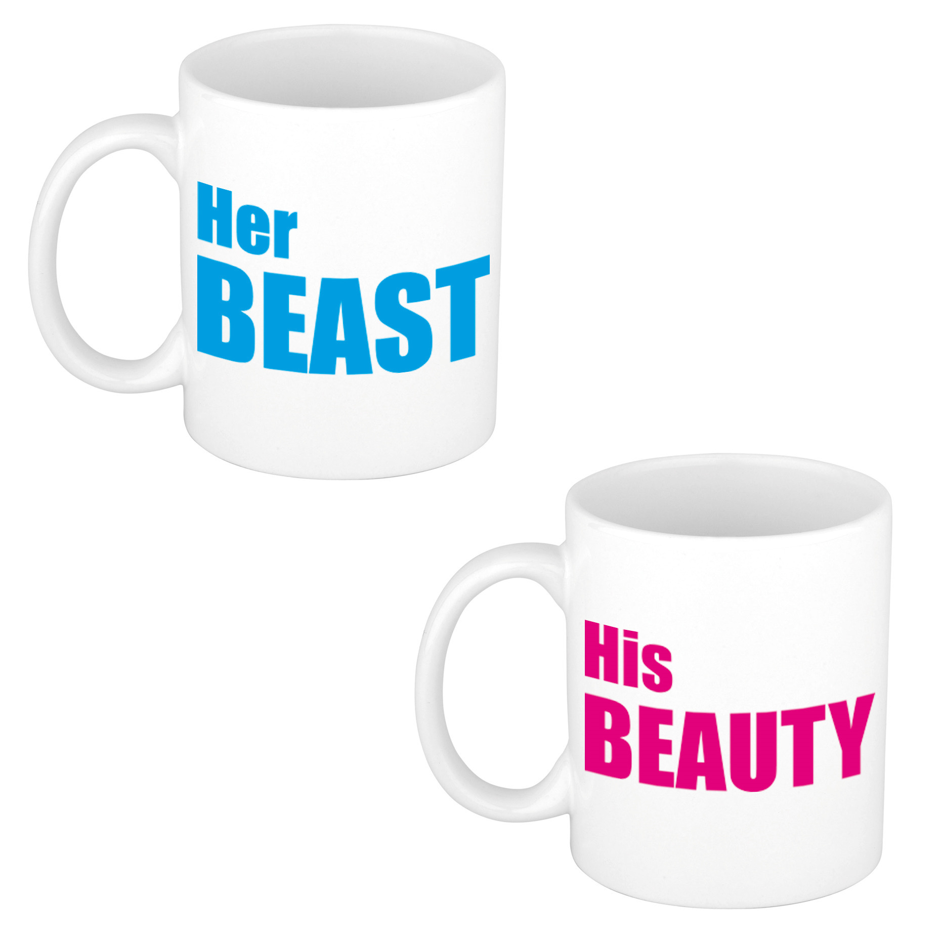 Her beast en his beauty cadeau mok / beker wit met blauwe letters 300 ml -