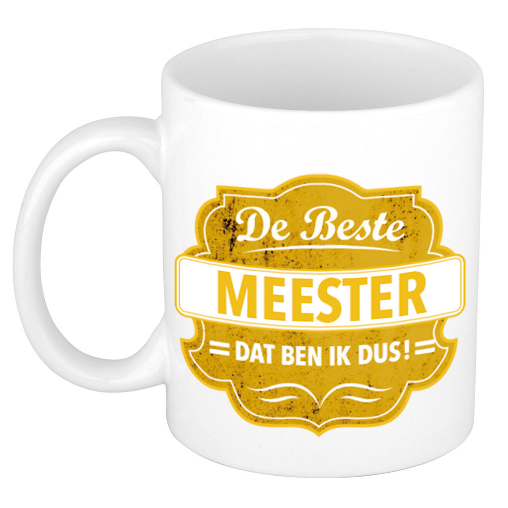 De beste meester cadeau koffiemok / theebeker geel embleem 300 ml -