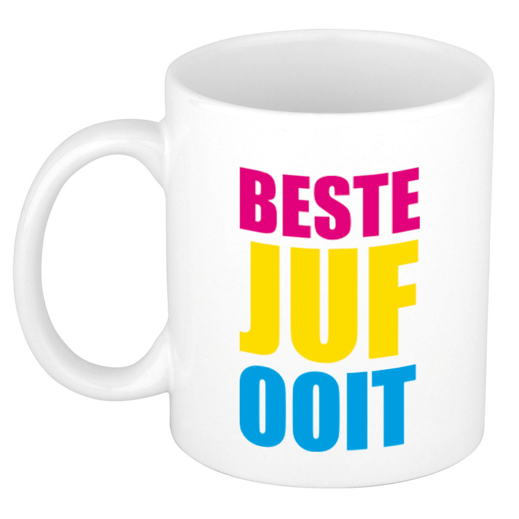 Beste juf ooit cadeau mok / beker in gekleurde blokletters 300 ml -